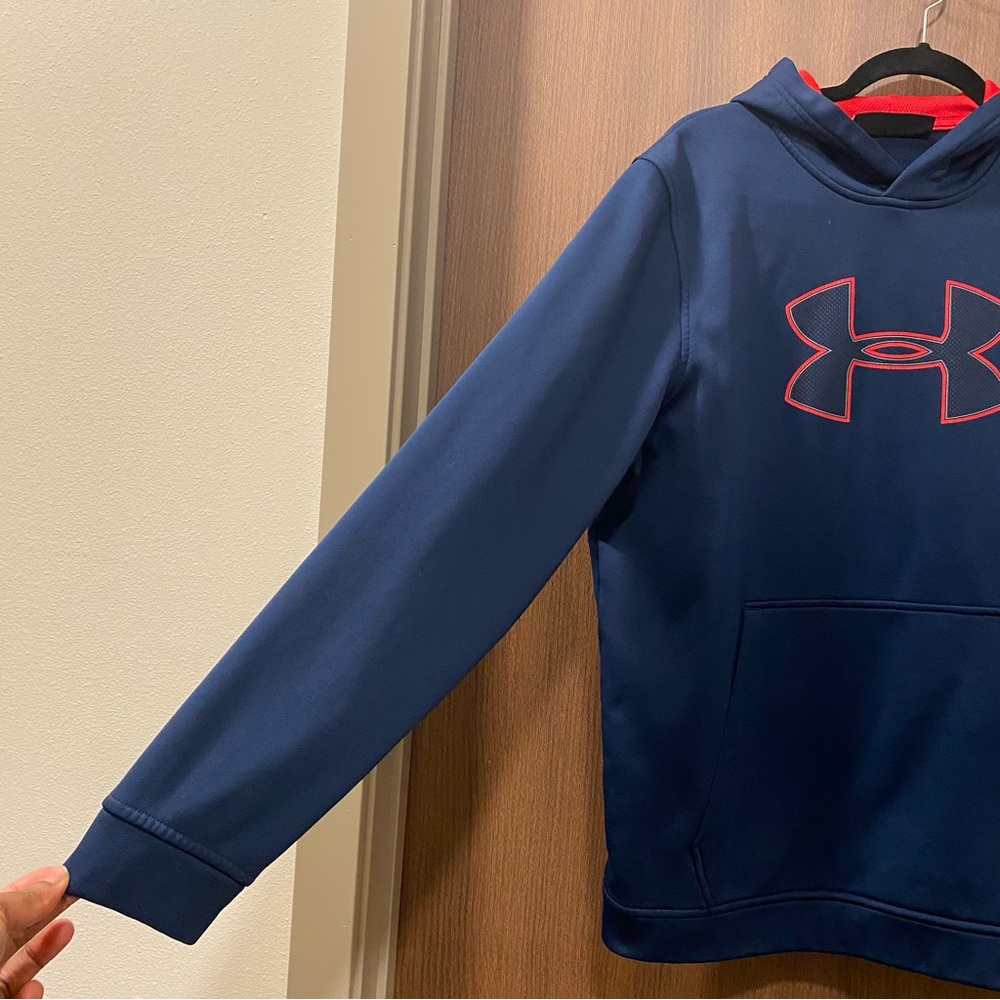Under Armour Navy Fleece Hoodie Size Large Pullover Sweatshirt Loose Coldgear - Picture 5 of 17